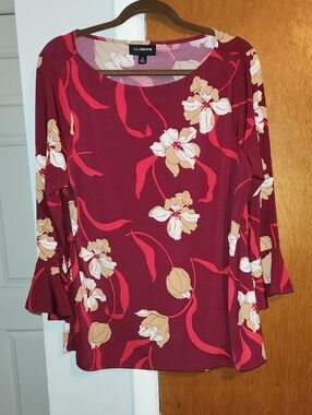 Liz Claiborne Burgundy Floral Bell-Sleeve Blouse